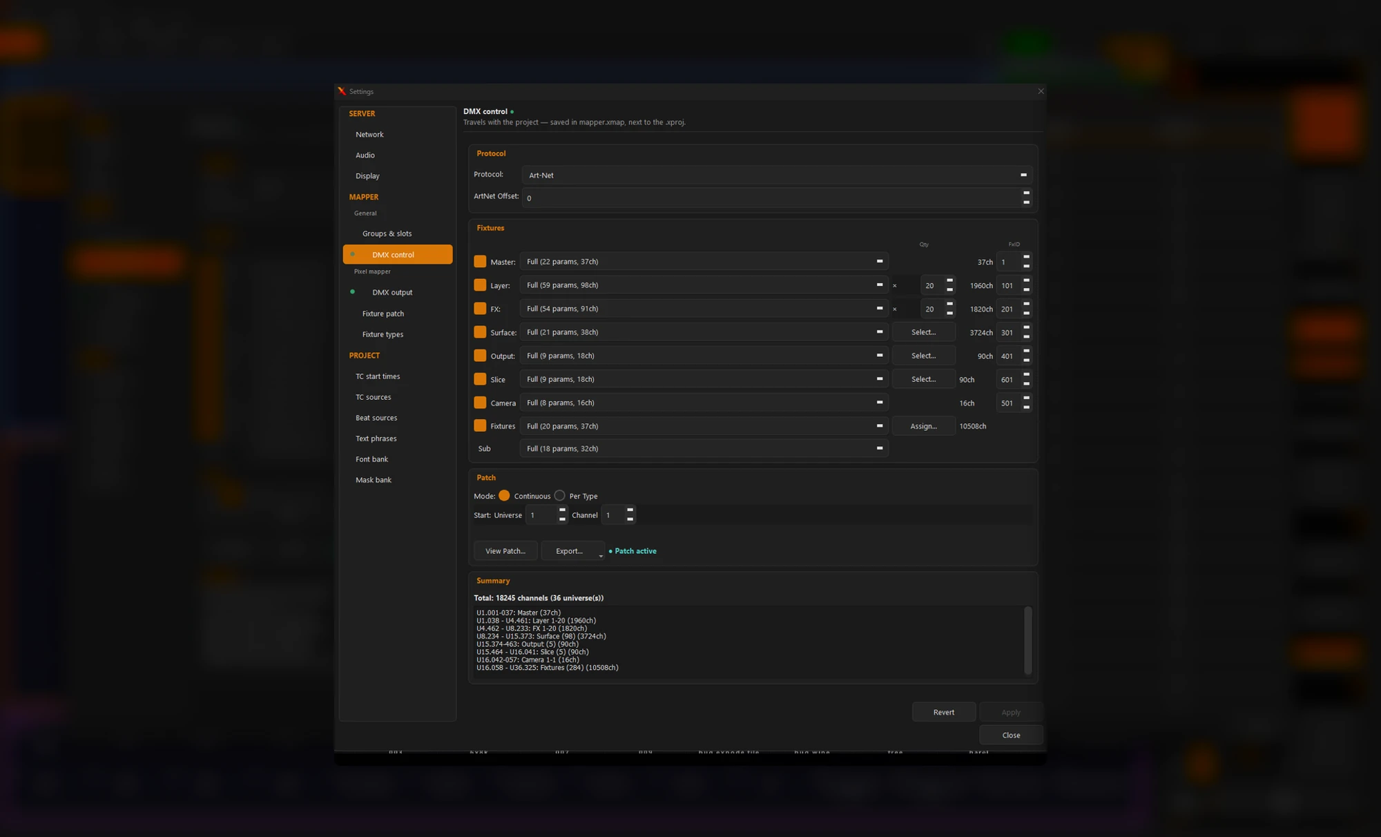 DMX control : Art-Net ou sACN, et un fixture type par type d’élément (Master, Layer, FX, Surface, Output, Slice, Camera, Fixtures, Sub)