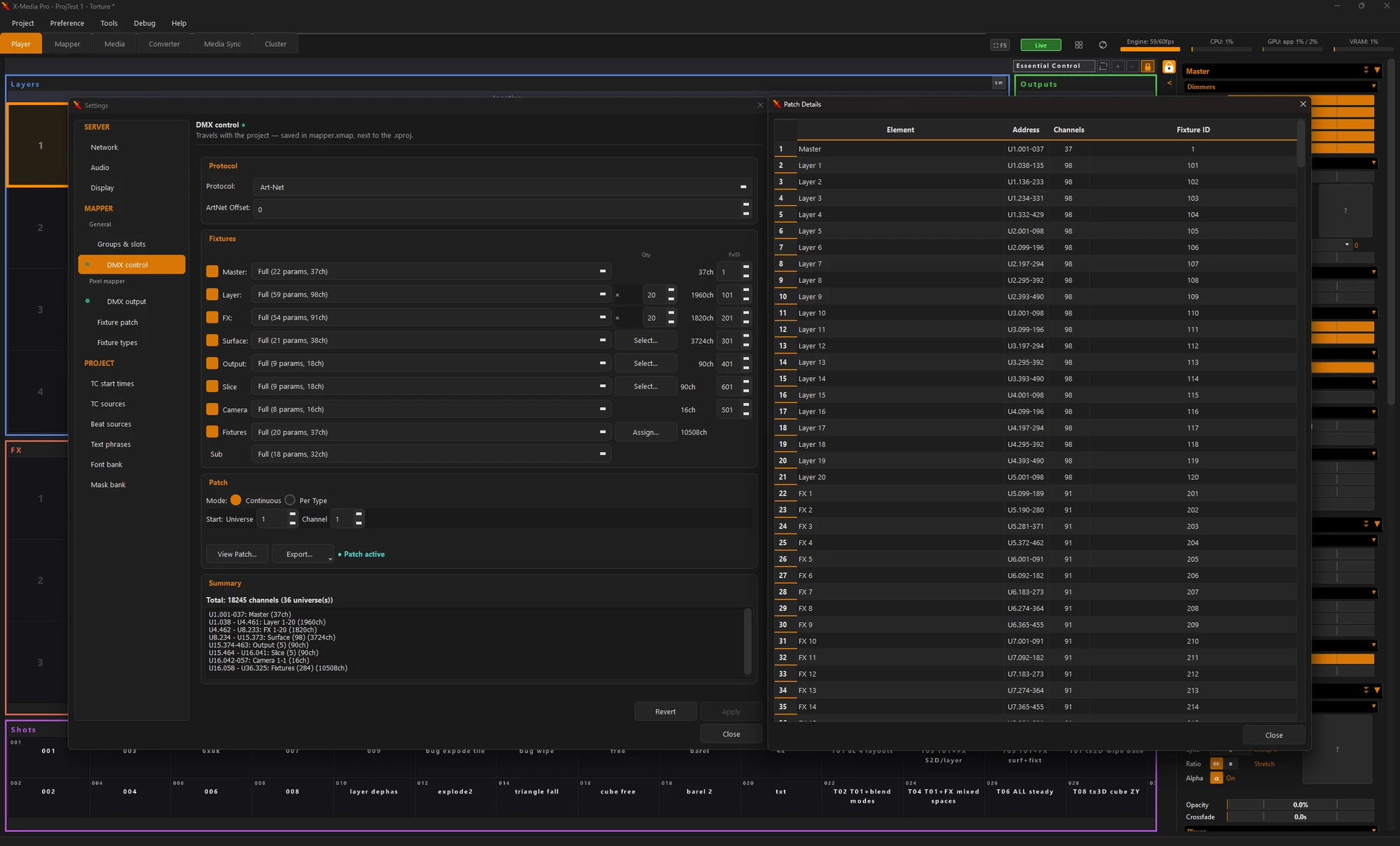 Réglages DMX control : protocole Art-Net, profils de fixtures par type d’élément, patch et résumé, à côté de la liste Patch Details