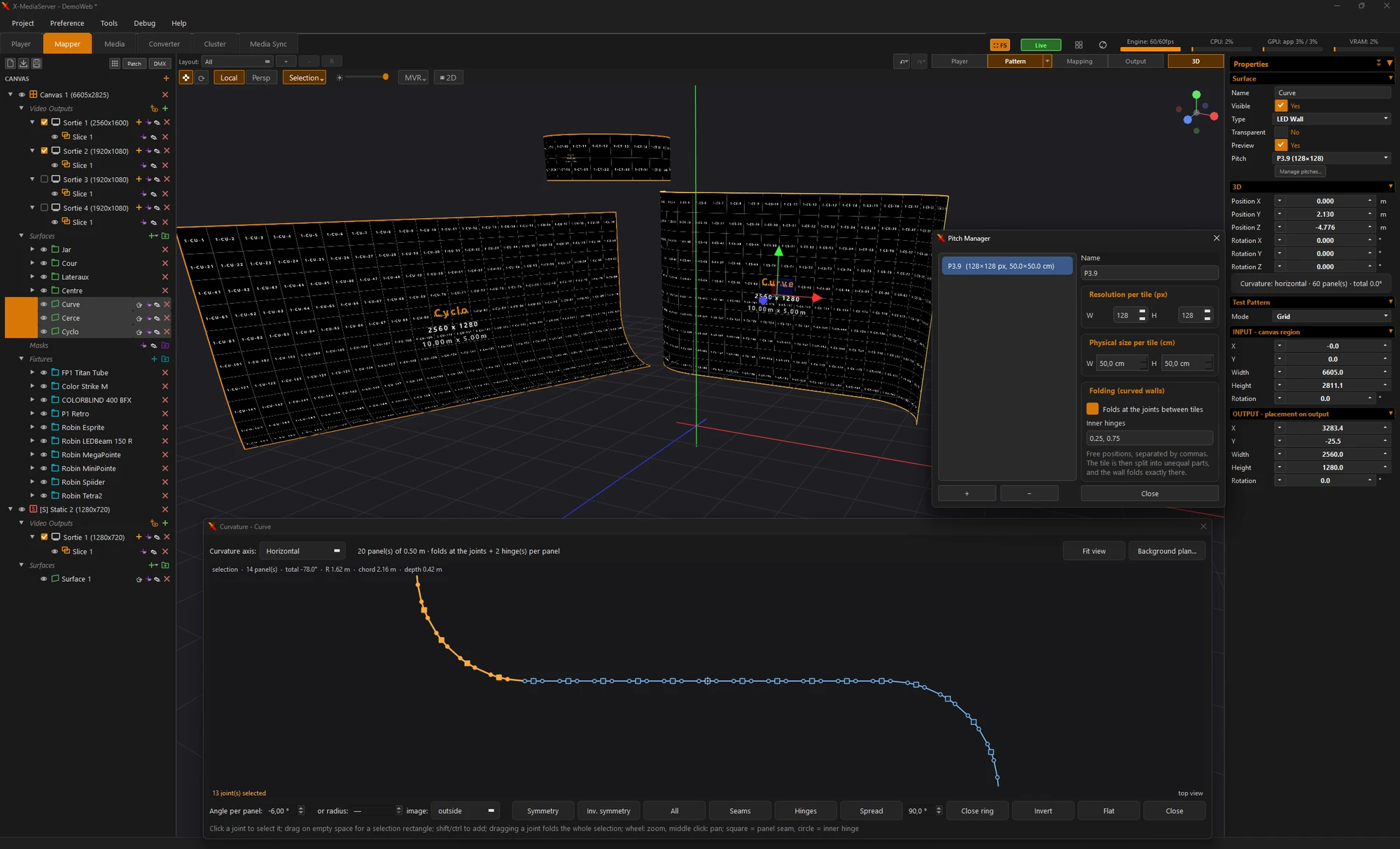 Éditeur de courbure : murs LED « Curve » et « Cyclo » en 3D, profil des charnières vu de dessus, gestionnaire de pitch