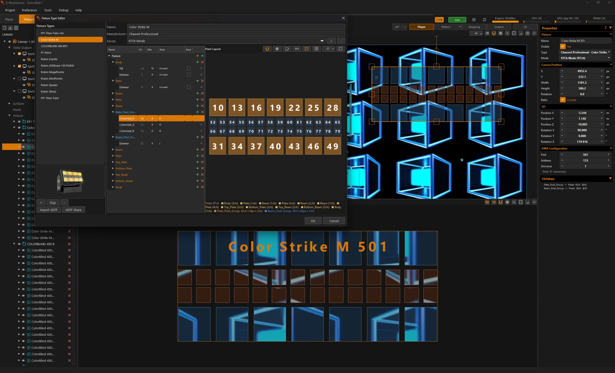 Fixture Type Editor : Color Strike M en 97 canaux, groupes de pixels plate et beam, import GDTF et GDTF Share ; la fixture posée sur le canvas