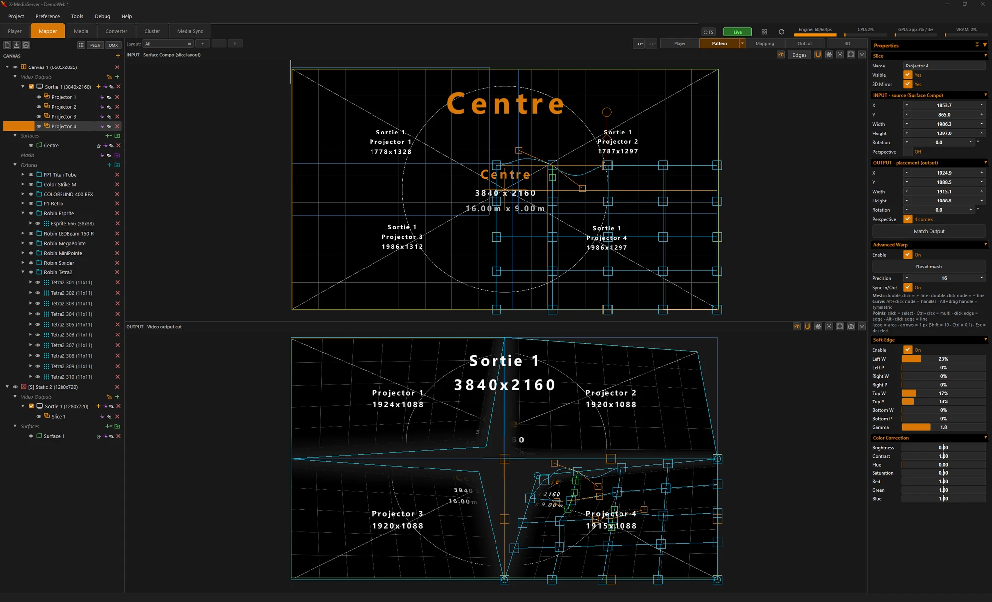Quatre slices de projecteurs piochées dans la surface « Centre » et posées sur une sortie 3840 × 2160, avec warp avancé, soft-edge et correction colorimétrique