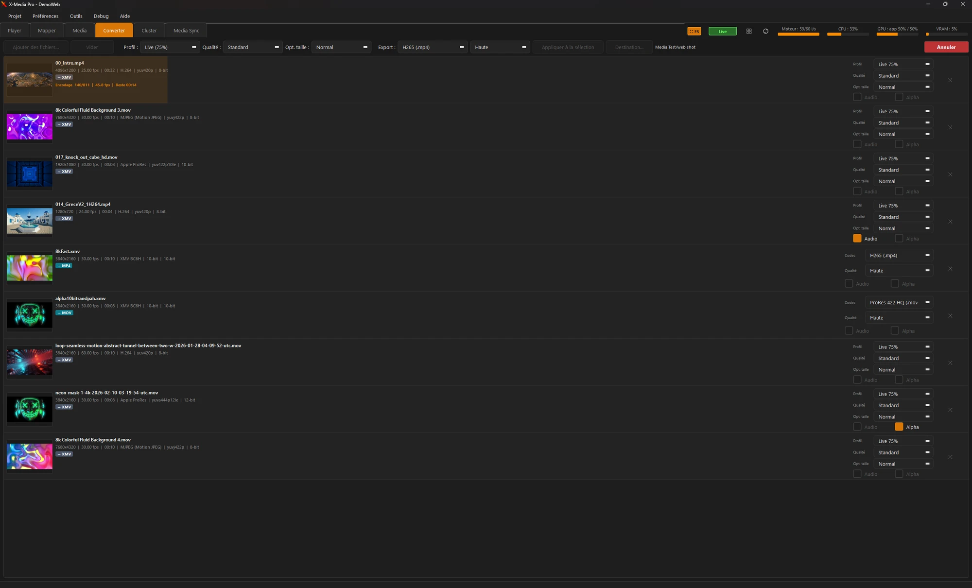 Onglet Converter : file de conversion vers XMV avec profil, qualité, audio et alpha par fichier, export en H.265 ou ProRes